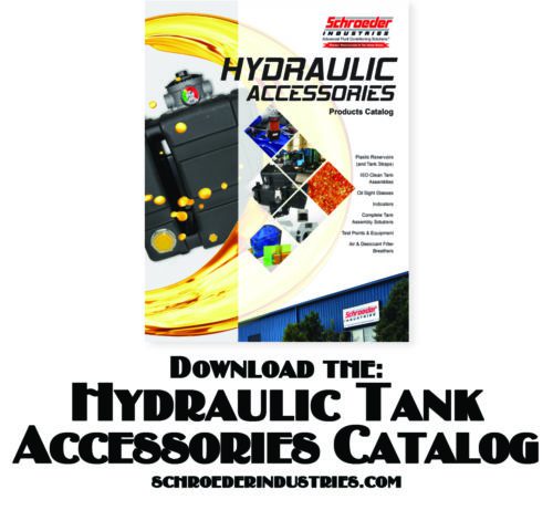 Photo showcasing Schroeder's Hydraulic Tank Accessories cover. Includes instructions on how to download the catalog.