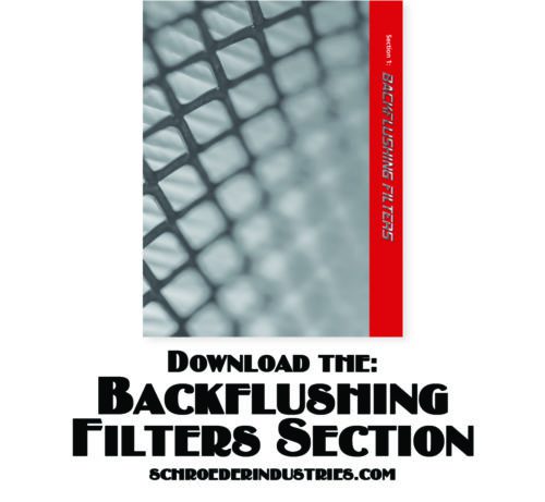 Photo showcasing Schroeder's Backflushing Filters catalog section cover. Includes instructions on how to download the catalog.