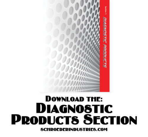 Photo showcasing Schroeder's Diagnostic Products catalog section cover. Includes instructions on how to download the catalog.