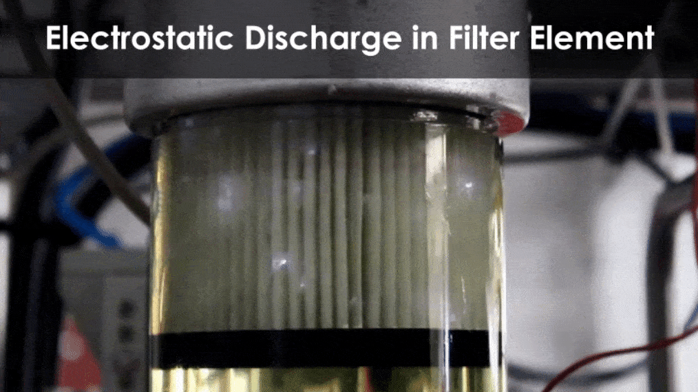 GIF animation showing visible electrostatic discharge in a filter element during hydraulic operations