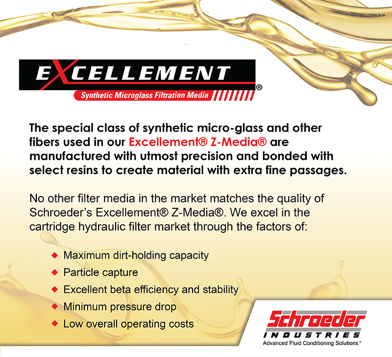 The special class of synthetic micro-glass and other fibers used in our Excellement® Z-Media® are manufactured with utmost precision and bonded with select resins to create material with extra fine passages.  No other filter media in the market matches the quality of Schroeder’s Excellement® Z-Media®. We excel in the cartridge hydraulic filter market through the factors of: Maximum dirt-holding capacity Particle capture Excellent beta efficiency and stability Minimum pressure drop Low overall operating costs