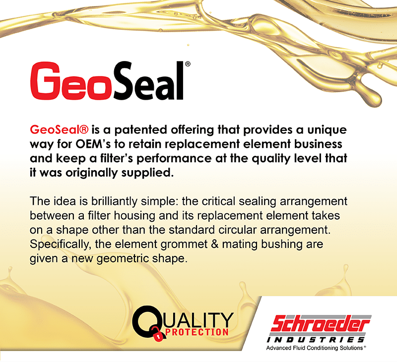 GeoSeal® is a patented offering that provides a unique way for OEM’s to retain replacement element business and keep a filter’s performance at the quality level that it was originally supplied.  The idea is brilliantly simple: the critical sealing arrangement between a filter housing and its replacement element takes on a shape other than the standard circular arrangement. Specifically, the element grommet & mating bushing are given a new geometric shape.