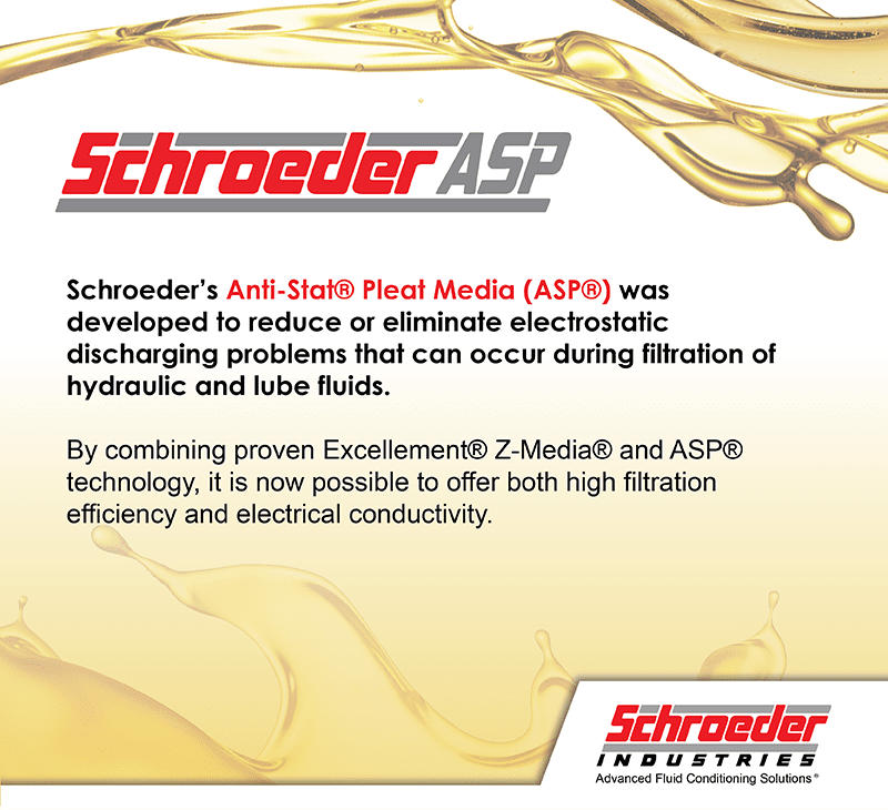 Schroeder’s Anti-Stat® Pleat Media (ASP®) was developed to reduce or eliminate electrostatic discharging problems that can occur during filtration of hydraulic and lube fluids.   By combining proven Excellement® Z-Media® and ASP® technology, it is now possible to offer both high filtration efficiency and electrical conductivity.