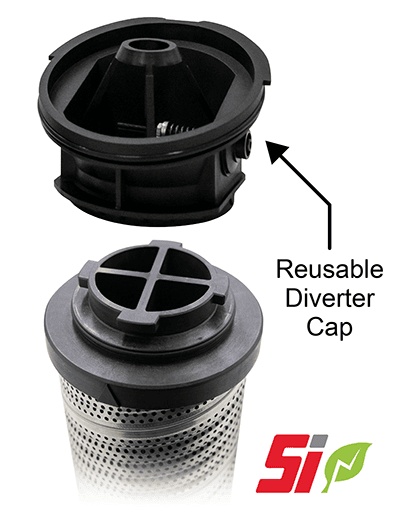 Diagram showing the GPT filter reusable diverter cap, separated from the filter element.
