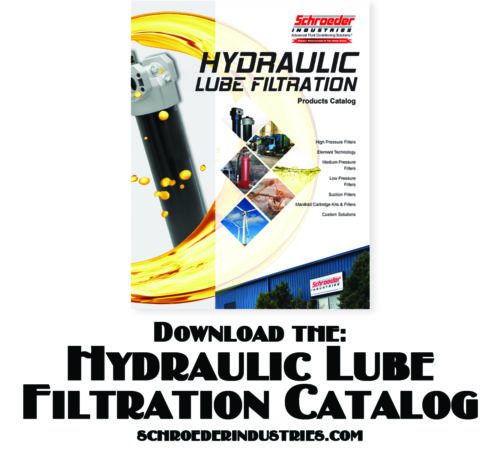 Photo showcasing Schroeder's Hydraulic Lube Filtration catalog cover. Includes instructions on how to download the catalog.