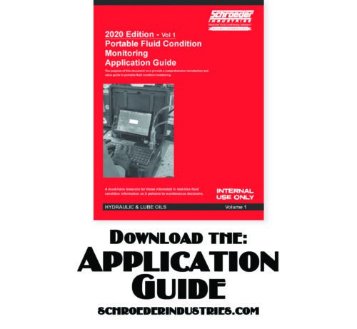 Photo showcasing Schroeder's Portable Fluid Condition Monitoring Application Guide cover. Includes instructions on how to download the brochure.