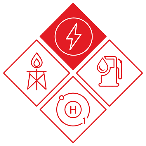 Four diamond shapes containing: an energy icon, a diesel gas pump icon, a hydrogen molecule icon, and a CNG flare icon