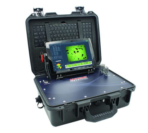 Photo of an open Schroeder Pro: Total Fluid Health portable contamination monitoring unit.
