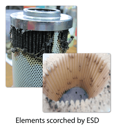 Image of filter element scorched by ESD/electrostatic discharge