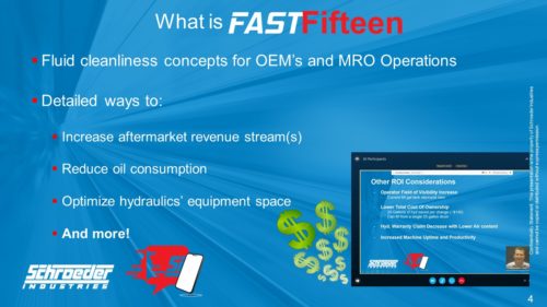 Slide describing Fast Fifteen concepts. Fluid cleanliness concepts for OEM's and MRO Operations. Detailed ways to: increase aftermarket revenue stream(s), reduce oil consumption, optimize hydraulics' equipment space, and more!