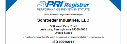 PRI acknowledges Schroeder Industries as ISO 9001:2015 certified.